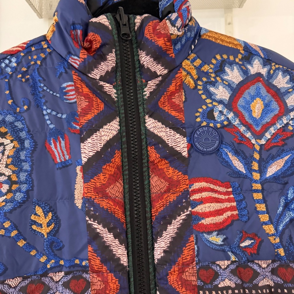 Farm Rio Black Sunset Tapestry Reversible Puffer Kimono Jacket XS BohoMaximalist - Picture 8 of 12